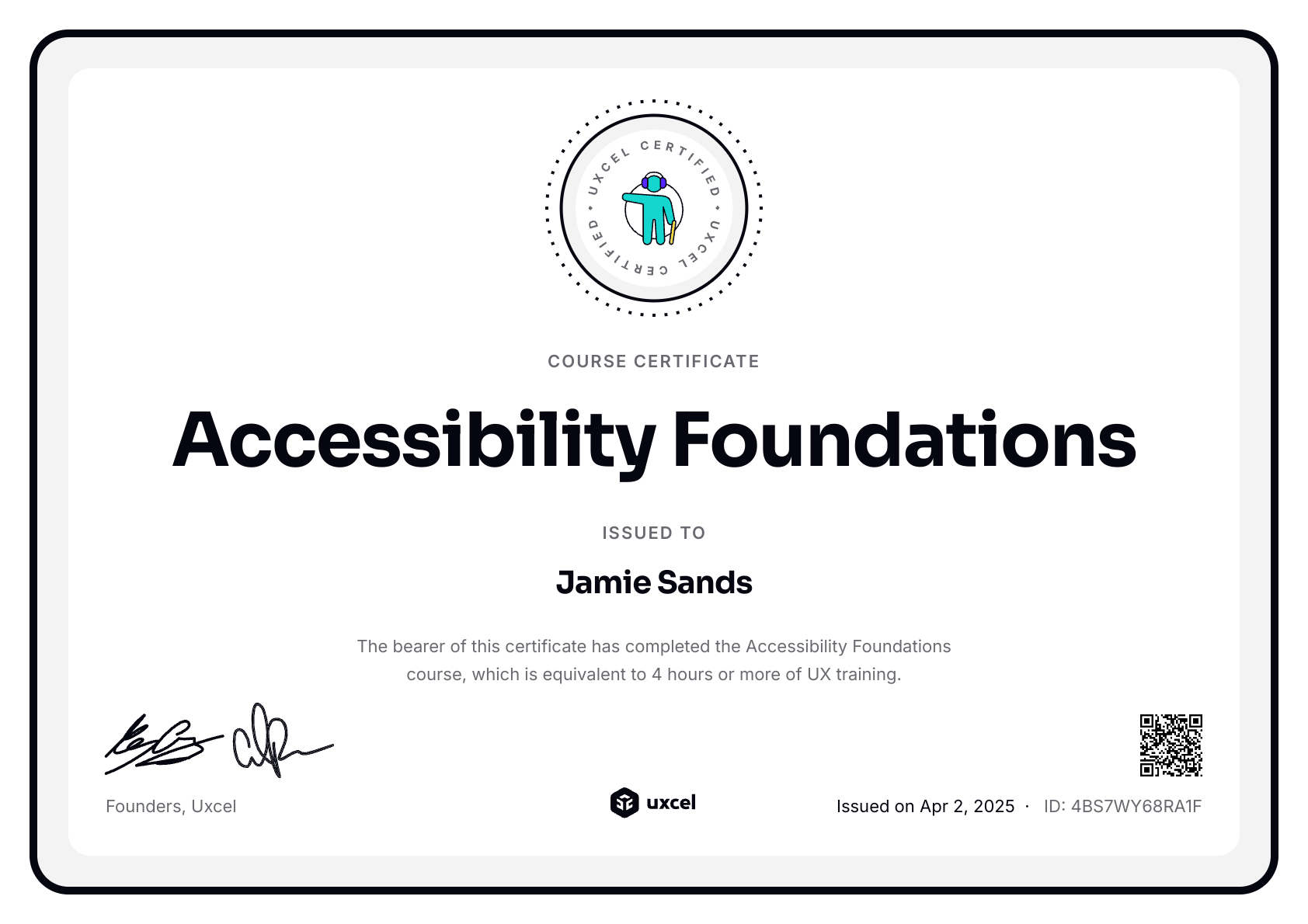 Jamie Sands's certificate